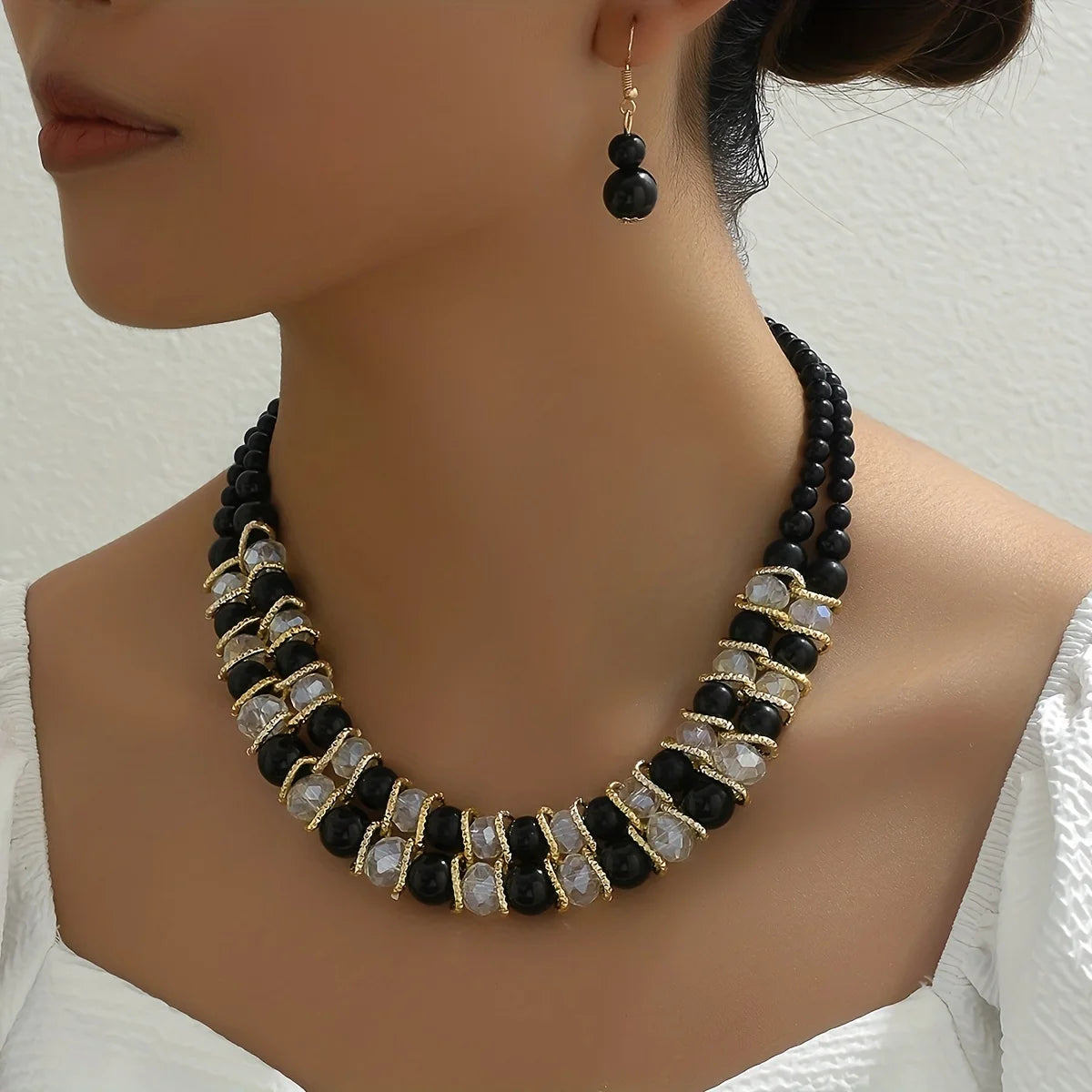 Earrings + Necklace Boho Style Jewelry Set Made Of Black And White Artificial