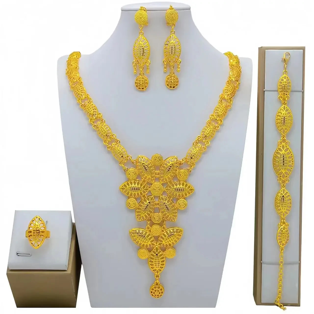 Fashion India Latest Design Jewelry Luxury African Jewelry Necklace Earrings Ring Bracelet Set Dubai Gold Color