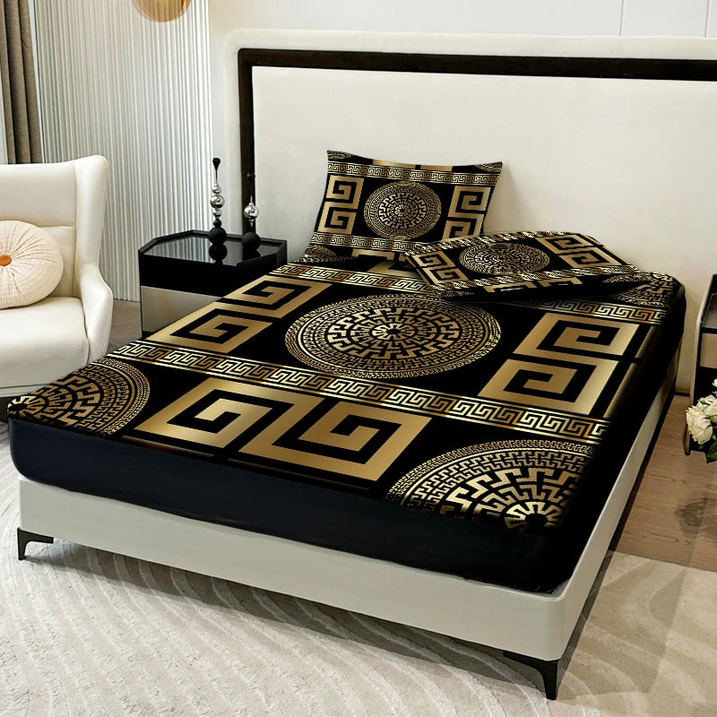 3PC European Style Disc Bed Sheet, 100%Polyester Fitted Sheet, 2Pillowcases Queen King Mattress Cover