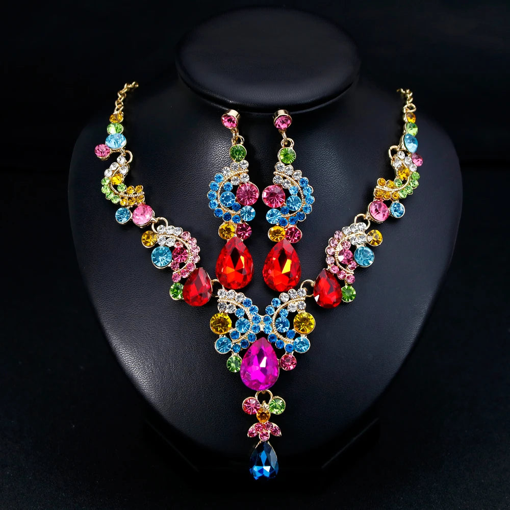 New hot selling bridal necklace earrings stylish high-end wedding party jewelry two-piece set - Hiron Store