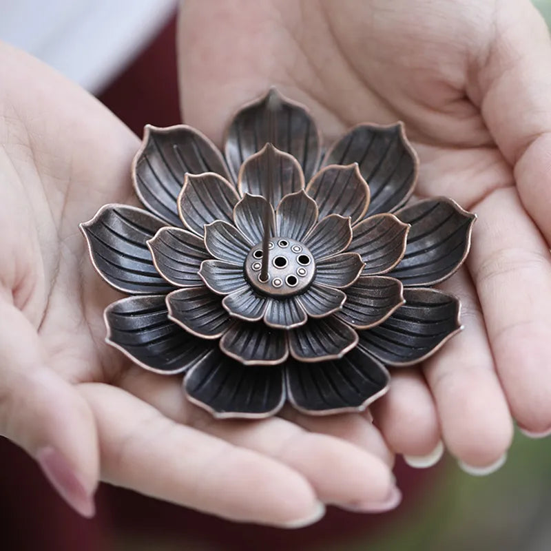 Alloy Incense Burner Stick Holder Buddhism Lotus Line Incense plate Sandalwood Coil Base Temples Yoga Studios Home Decoration - Hiron Store