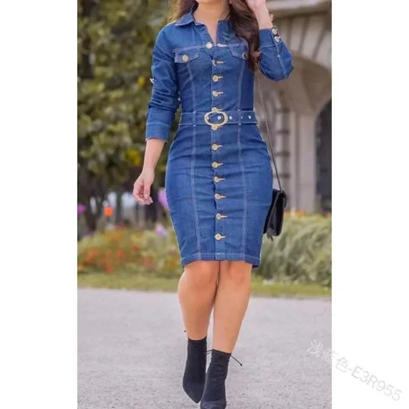 2024 Ladies Fashion Fastener Decoration Lapel Single Breasted Long Slim-Fit Long-Sleeved Denim Goddess Dress - Hiron Store