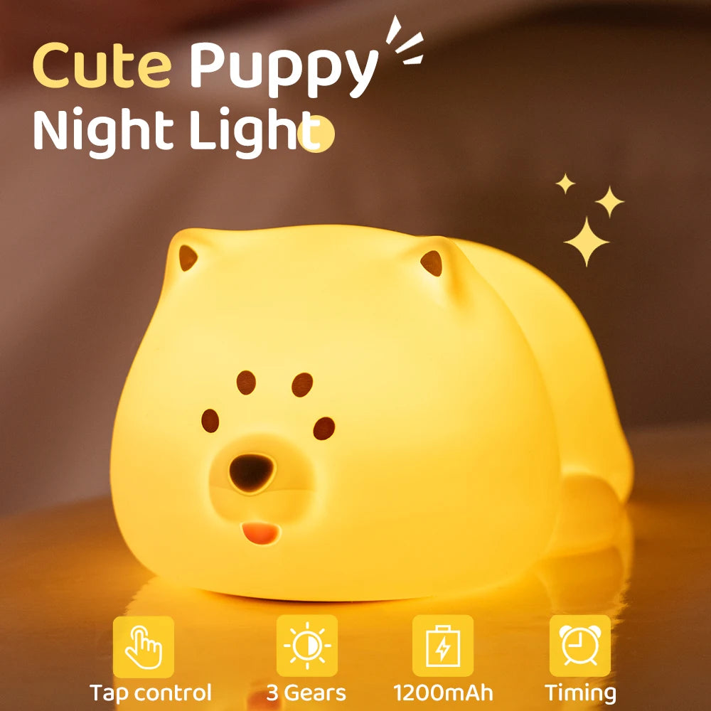 Cute Dog Silicone Night Light Rechargeable Dimmable Nursery Sleeping Lamp Kids Room Decor