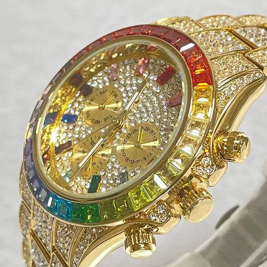 2024 Luxury Brand MISSFOX Gold Hip Hop Watches Men Fashion Rainbow Diamond Waterproof Smart Watch Full Steel Sports Clocks Male