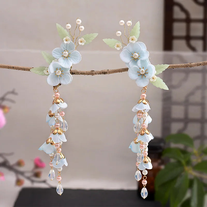 Blue Flower Hairpins Side Clips Retro Chinese Fashion Fringe Jewelry Long Tassel Pendant Headpiece for Women Girls Hanfu Dress - Hiron Store