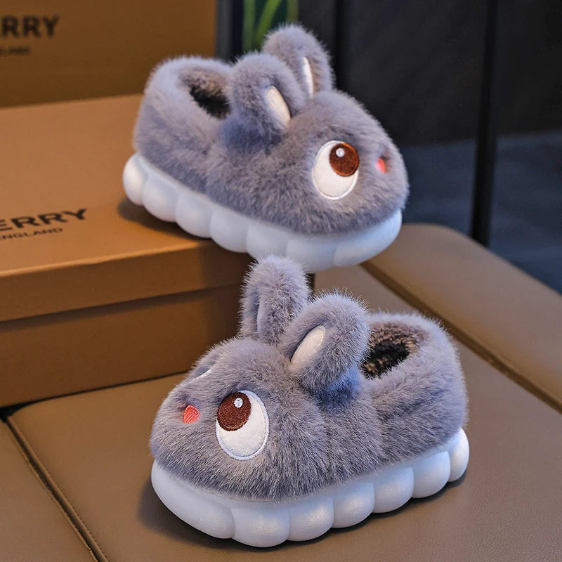 New Winter Cute Big eyed Rabbit Children's Cover Heel Warm Non-slip Fluffy Slippers