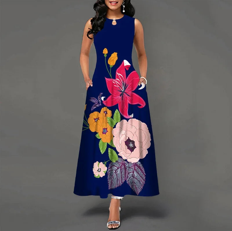 Flower Print New Casual Sleeveless Long Dress Women's V-Neck Printed Dress Swing Bohemian Retro Dresses - Hiron Store