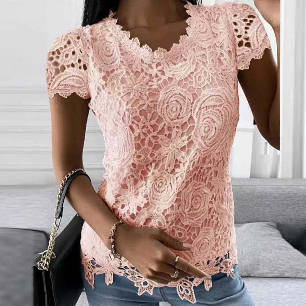 Womens Lace Round Neck Tops T-Shirts Ladies Summer Casual Short Sleeve Blouse Pullover Fashion Clothing For - Hiron Store