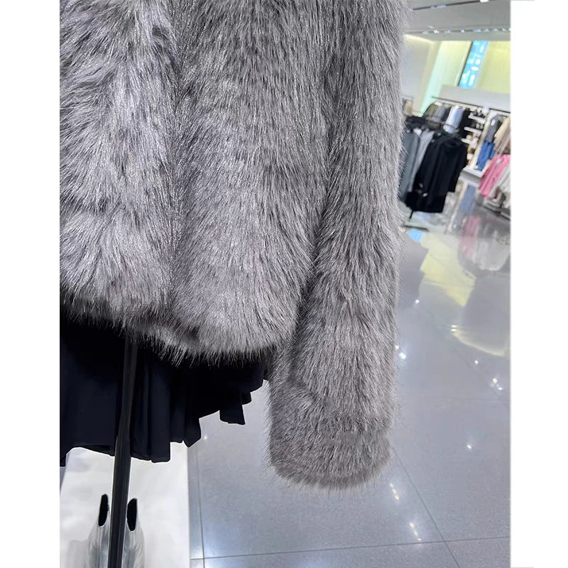 Women's Cardigan Jacket Round Neck Pocket Fur Coat Solid Loose Suede Jacket Outerwear