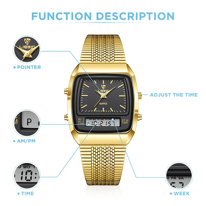 Watch Men Digital Dual Time Week Gold Sport 3bar Waterproof Quartz Wristwatches watch