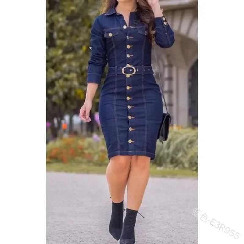 2024 Ladies Fashion Fastener Decoration Lapel Single Breasted Long Slim-Fit Long-Sleeved Denim Goddess Dress - Hiron Store