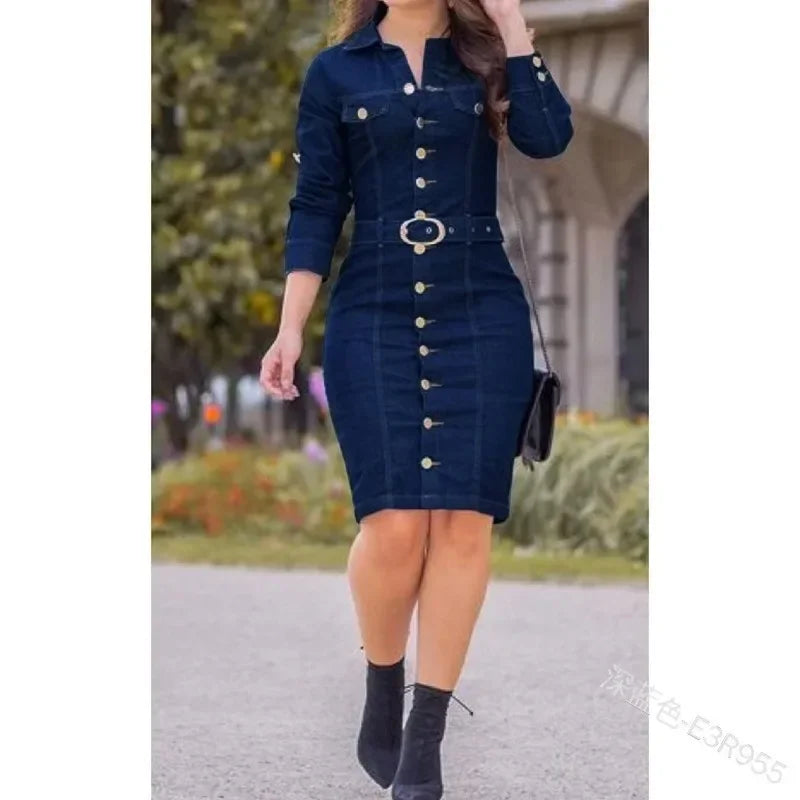 2024 Ladies Fashion Fastener Decoration Lapel Single Breasted Long Slim-Fit Long-Sleeved Denim Goddess Dress - Hiron Store