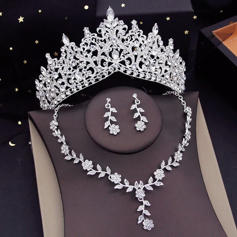 Luxury Silver Color Crystal Water Drop Bridal Jewelry Sets Rhinestone Tiaras Crown   Earrings