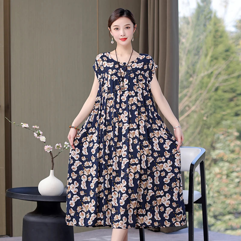 Summer Dress For Women Print Loose O-Neck Cotton Women's Clothing Dresses