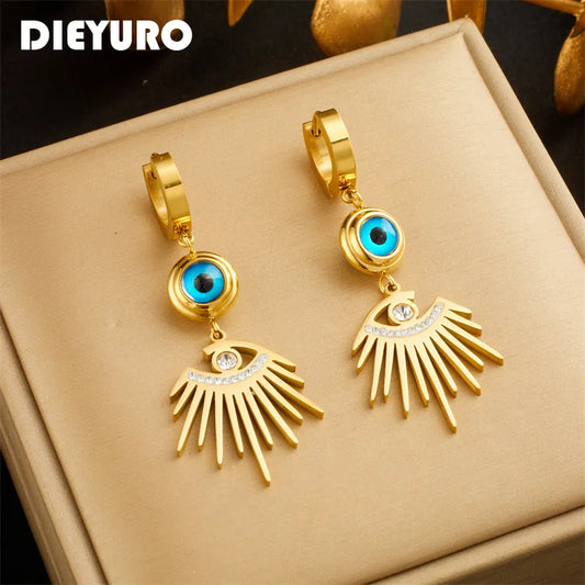 DIEYURO 316L Stainless Steel Vintage Blue Eyes Charm Earrings For Women Girl Fashion Gold Color Waterproof Jewelry Gift Party - Hiron Store