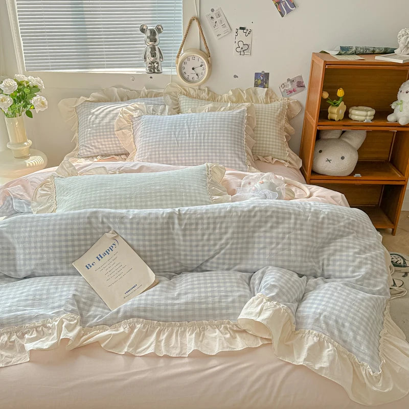 Bedding Set Soft Skin-friendly Lattice Lace Ruffles Quilt Duvet Covers Set Pillowcases