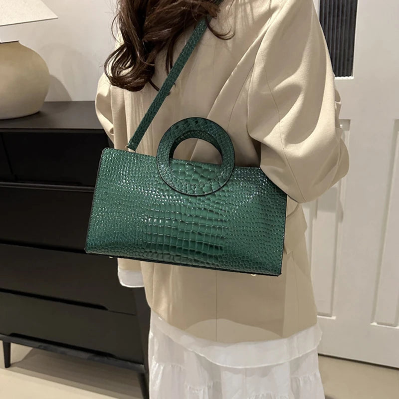 Women's Crocodile Pattern PU Leather Handbags Green Square Bag Fashion Brand Shoulder Messenger Bags