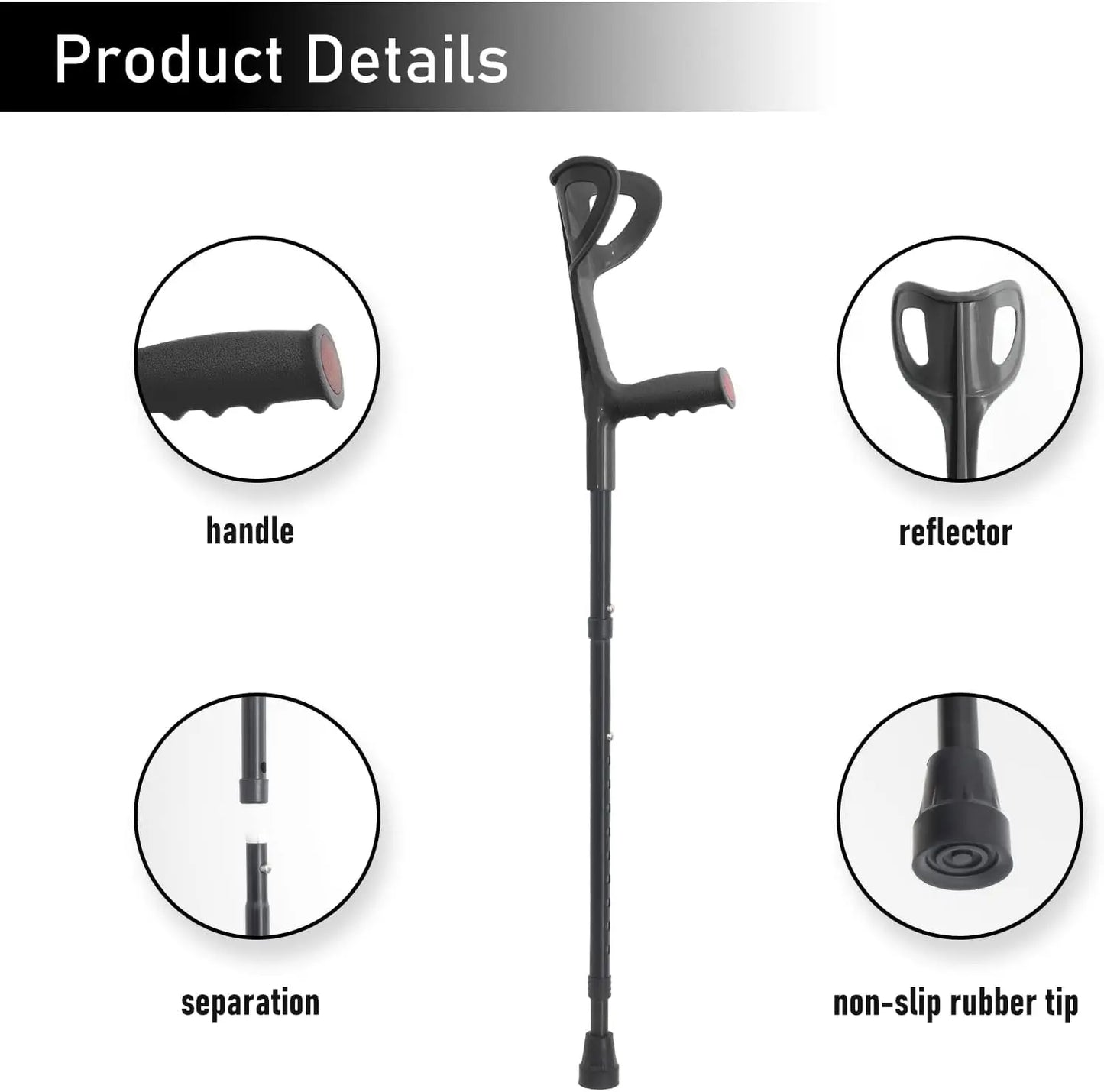 Forearm Canes Lightweight Arm Crutch Adjustable Ergonomic Comfortable on Wrist Non Skid Rubber Tips