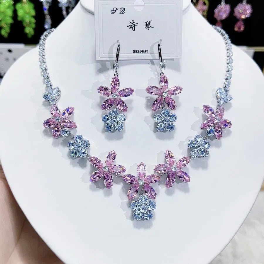 Women Colorful Fashion Zircon Necklace Earrings 2025