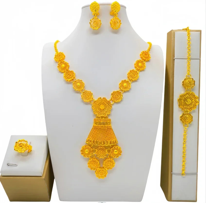 Fashion India Latest Design Jewelry Luxury African Jewelry Necklace Earrings Ring Bracelet Set Dubai Gold Color