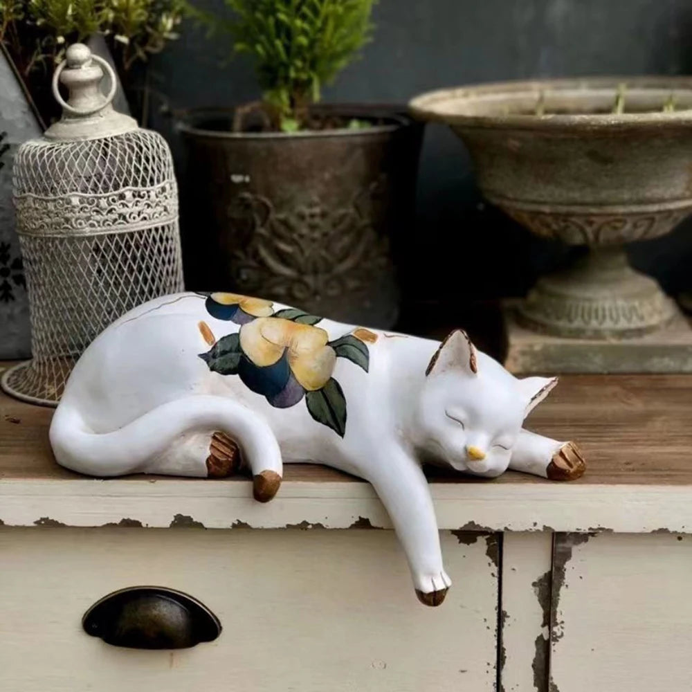 Sleeping Cat Garden Statues Outdoor,Cat Figurine Memorial Statue Makers Garden Resin Sleeping Cat Statues for Garden