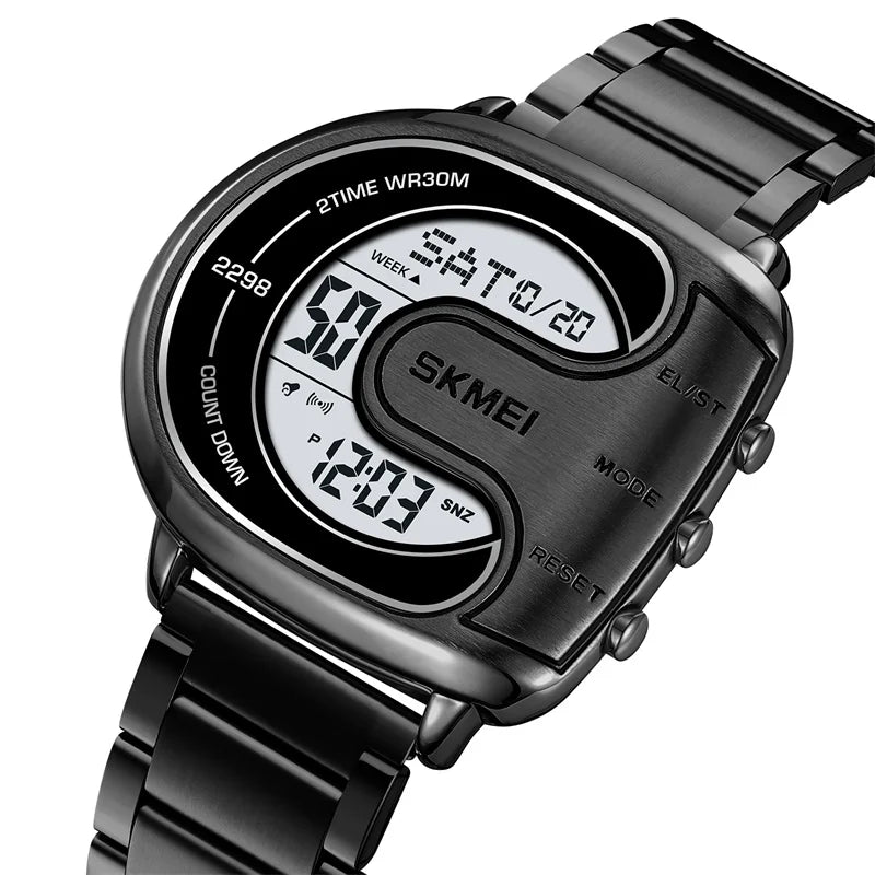 Skmei Mens Digital Waterproof Watches Stainless Steel Band Alarm Clock Stopwatch Sports Dual Time