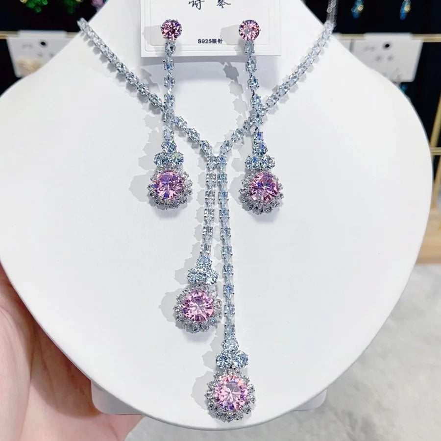 Women Colorful Fashion Zircon Necklace Earrings 2025