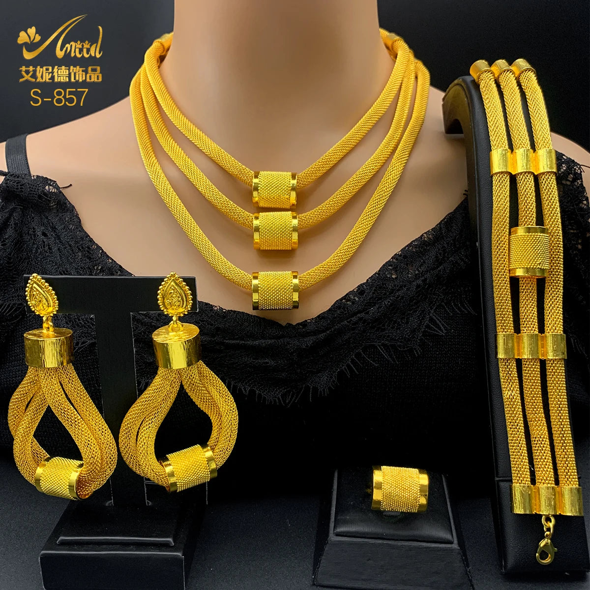 Dubai Ethiopian Multilayer Necklace And Earrings Sets For Women Indian Bridal 24k Gold Color Jewelry Set