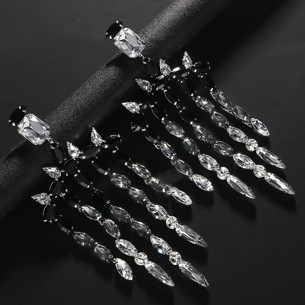 Black Crystal Long Tassel Earrings Wedding 2024 Fashion Hanging Earrings