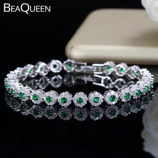 BeaQueen Trendy Green and White Cubic Zirconia Stone Silver Color Tennis Bracelets Dress Jewelry Accessories Gift for Women B100 - Hiron Store