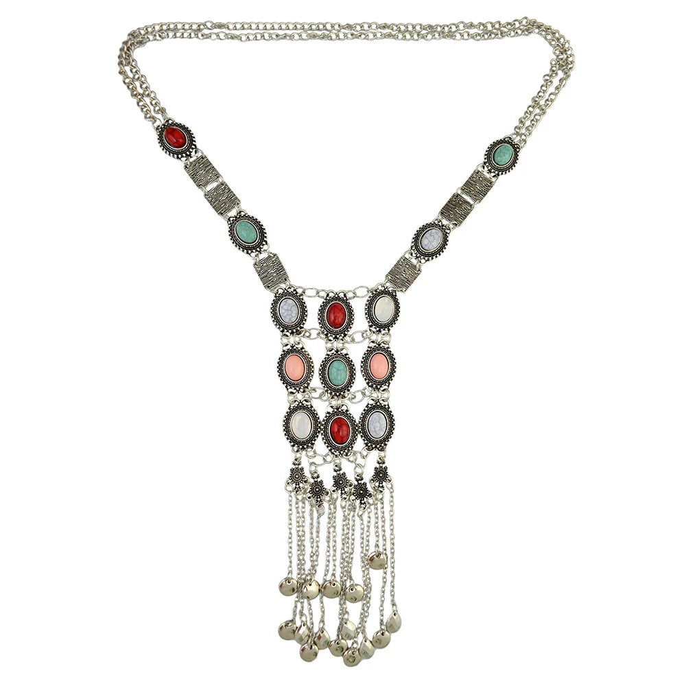 Multilayer Colorful Acrylic Gemstone Moon Coin Tassel Necklace Retro Ethnic Bib Long Rivet Pendant Choker Collar Gypsy Jewelry - Hiron Store