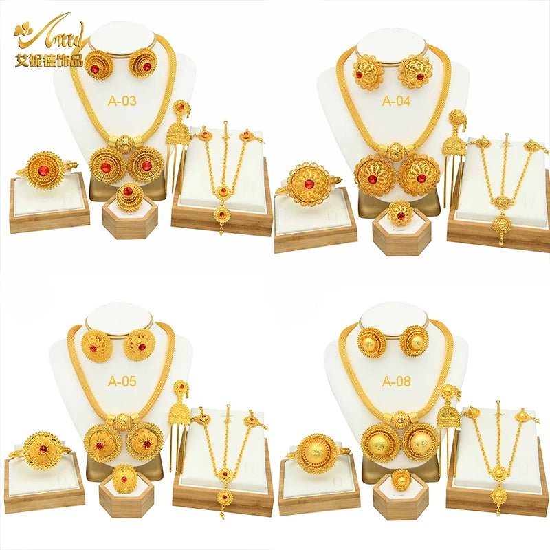 ANIID Ethiopian Gold Plated 6PCS Jewelry Set For Women Indian Red Crystal Luxury Jewellery Sets