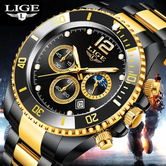 LIGE Watches Men's Luxury Clock Stainless Steel 24Hour Moon Phase Watch