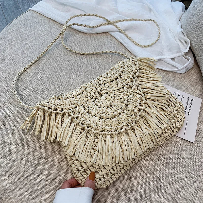 New Arrival Handmade Straw Shoulder Bags for Women Tassel Crossbody Bag Pouch Female Travel Beach Phone Purse Vintage Handbags - Hiron Store