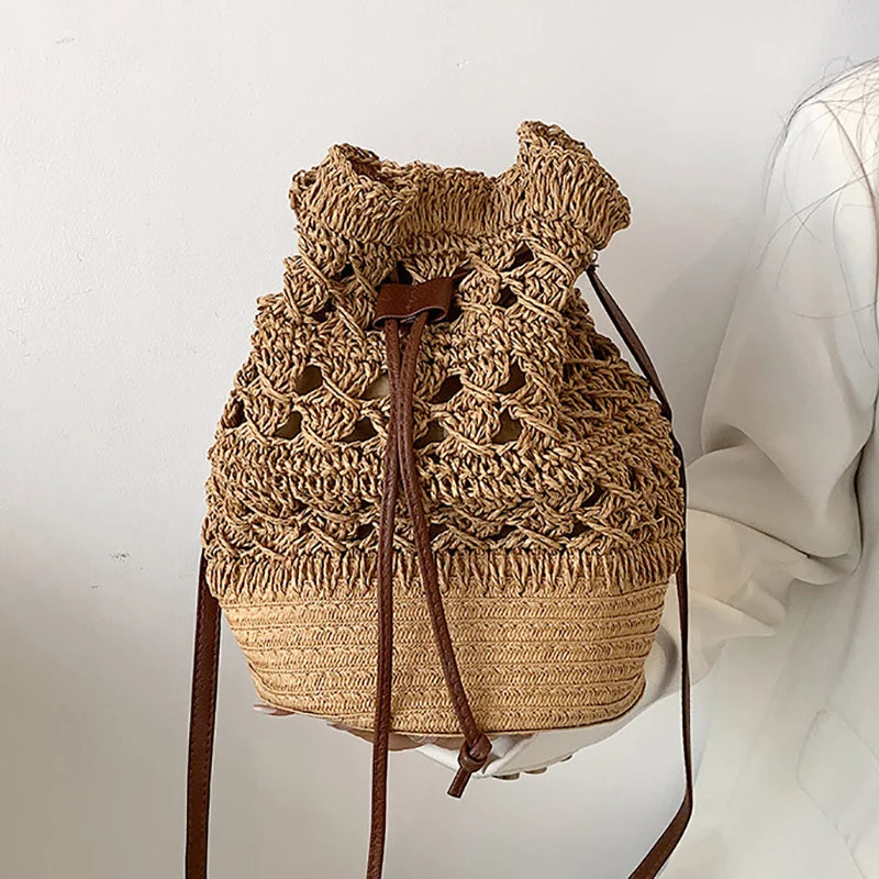 Chic Bucket Shape Crossbody Shoulder Bags Handmade Straw Hollow out Bag Pouch Female Travel Phone Purse Vintage Handbags - Hiron Store