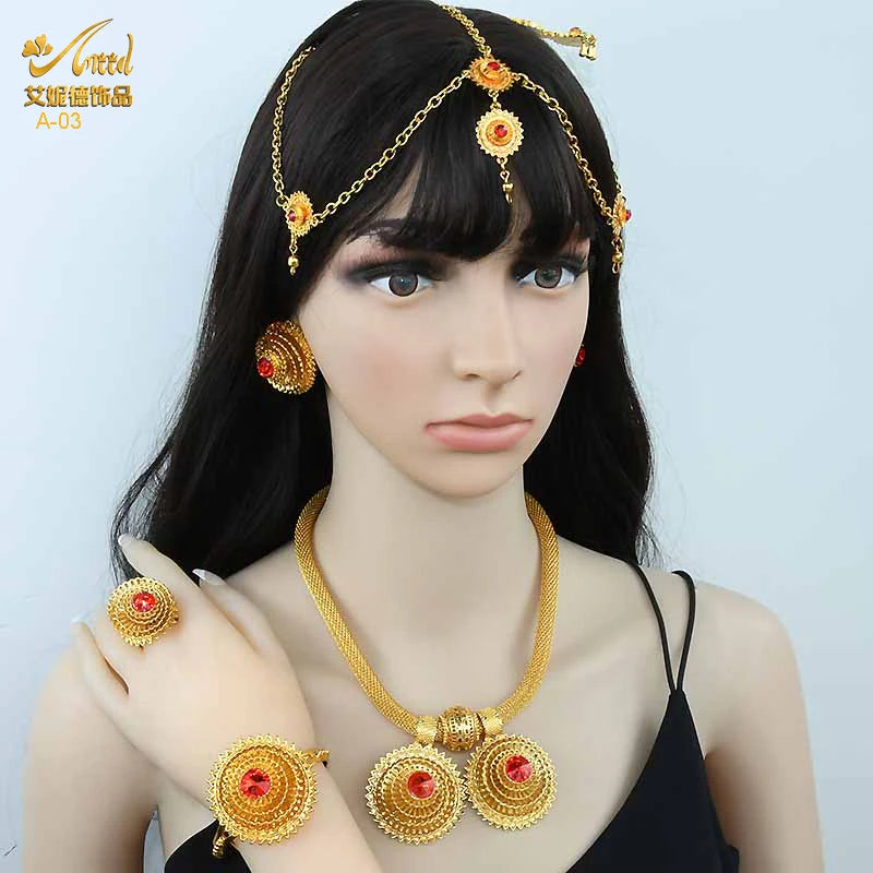 ANIID Ethiopian Gold Plated 6PCS Jewelry Set For Women Indian Red Crystal Luxury Jewellery Sets