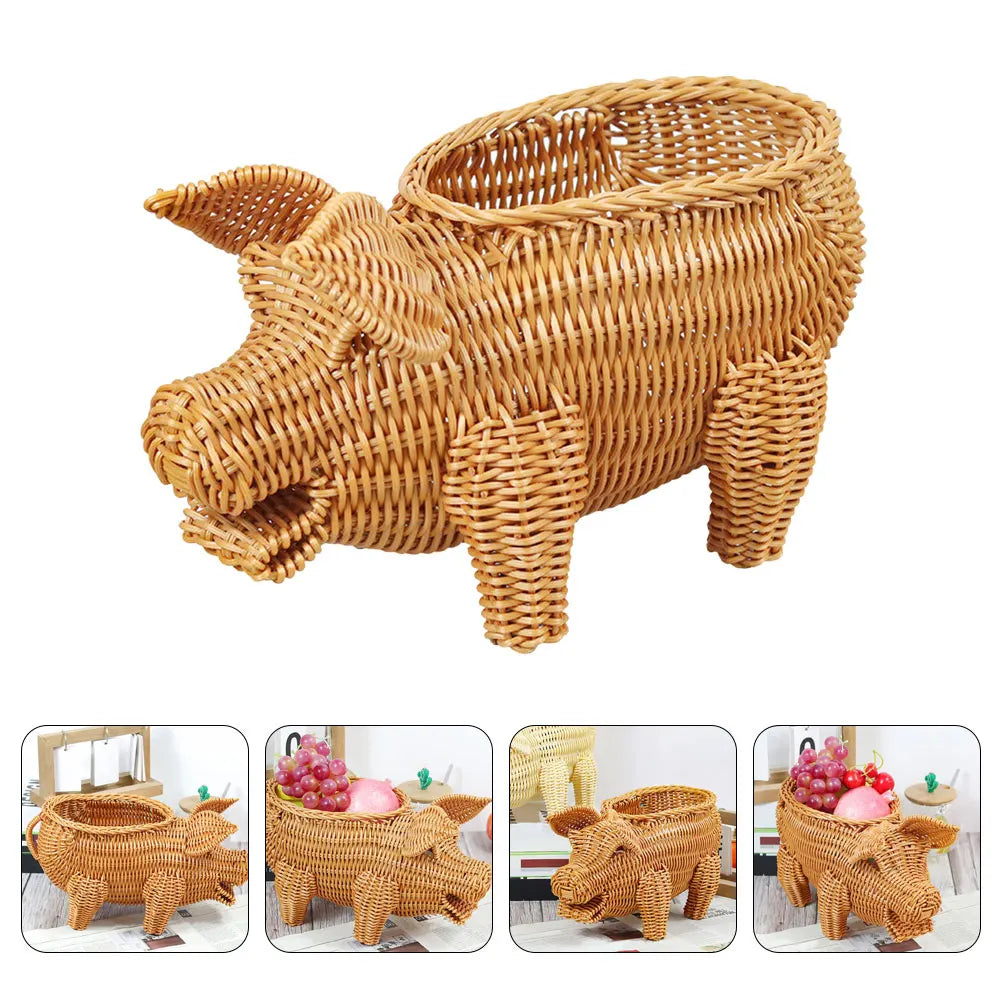 Imitation Rattan Woven Fruit Basket Pig Shaped Fruit Basket Food Serving Holder Plastic Imitation Rattan Woven Serving Baskets - Hiron Store