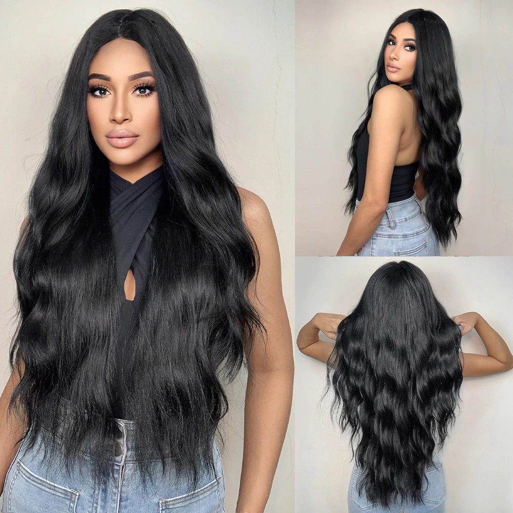 Black Long Body Wavy Synthetic Wigs for Women Afro Natural Black Hair Wigs Middle Part Heat Resistant Fiber Daily