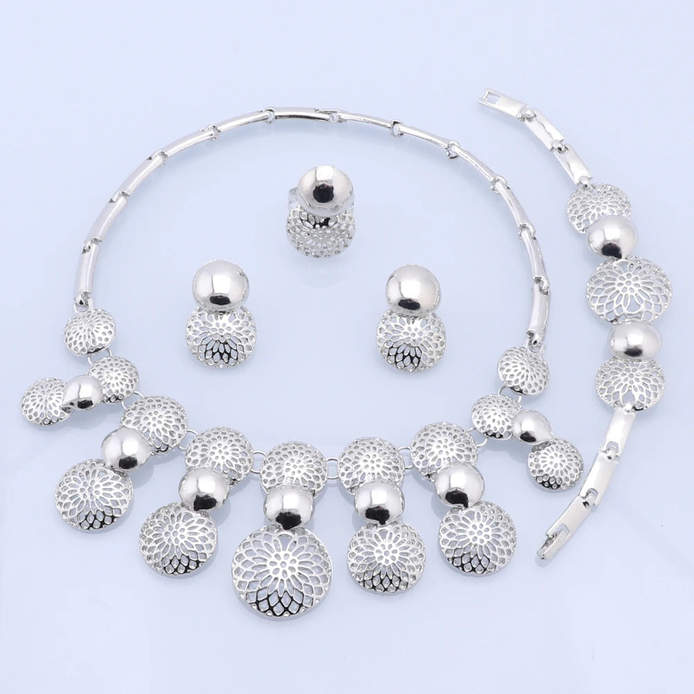 Fine Jewelry Sets Silver Color Hollow Out Alloy Necklace Earrings Bracelet Ring Set Classic African Costume Bridal Jewelry Set - Hiron Store