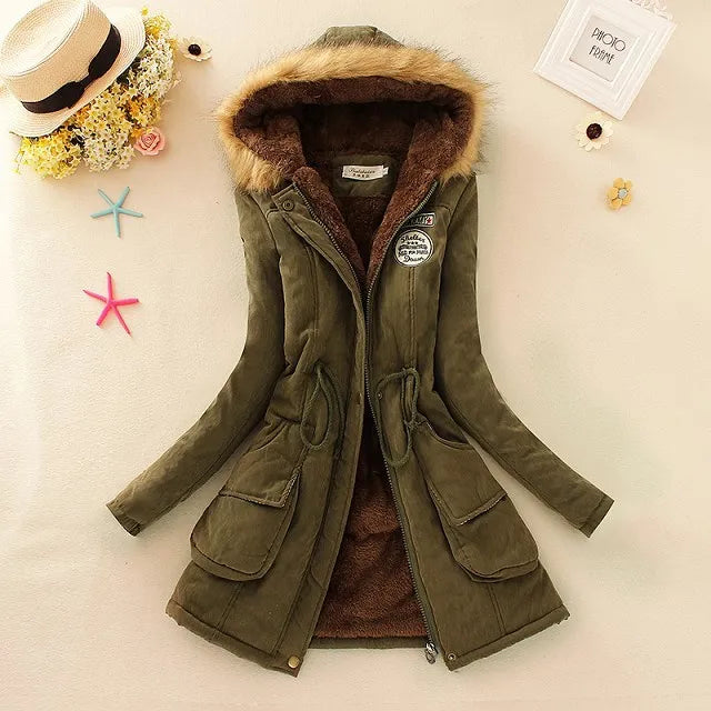 Winter Women Cotton Jacket Padded Casual Slim Coat Embroidery Hooded Warm Overcoat