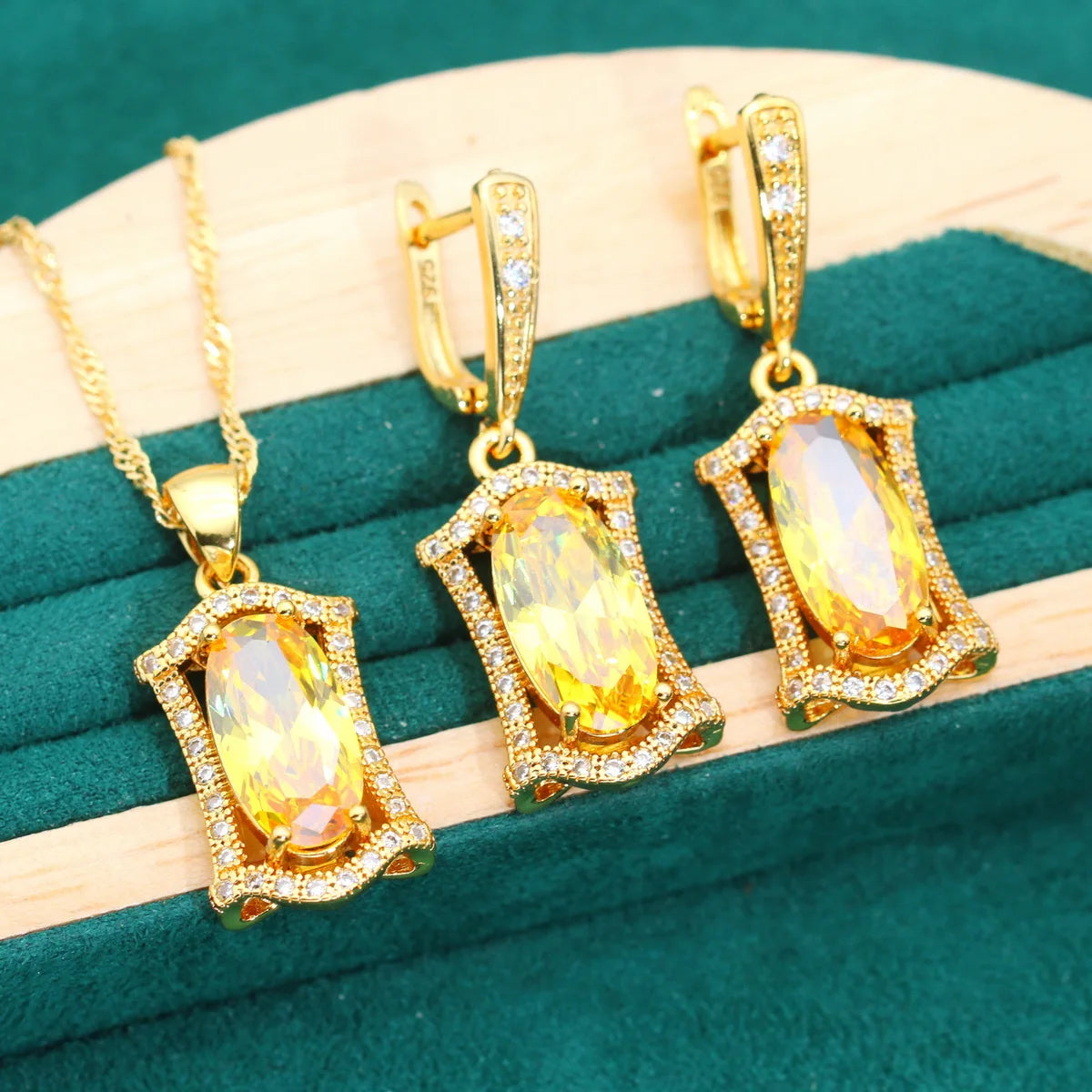 Shine Gold Color Jewelry Sets For Women Wedding Noble Yellow Zircon Bracelet Earrings Necklace Pendant Ring Dating Gifts - Hiron Store