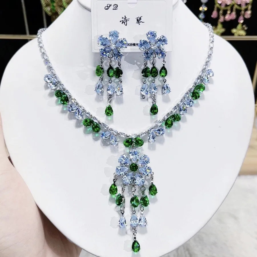 Women Colorful Fashion Zircon Necklace Earrings 2025