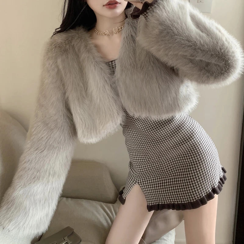 Girls Fur Cardigan Short Cut Loose Long Sleeves Winter Warm Faux Fur Coat Solid Colour Lady Jacket