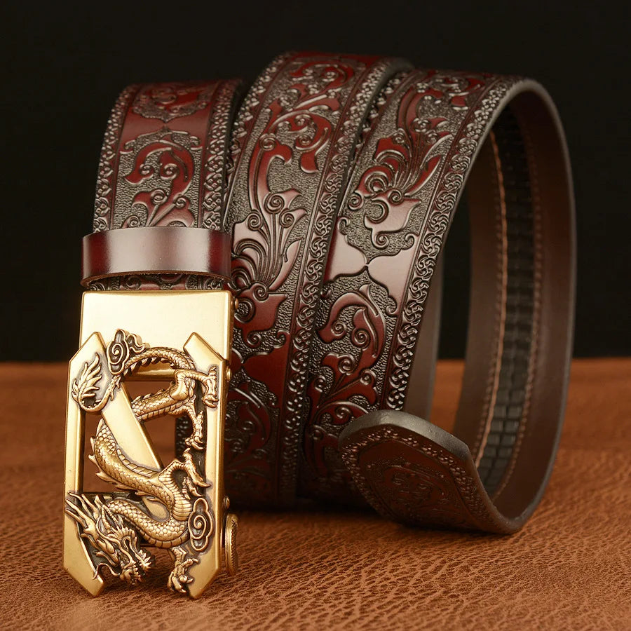 Genuine Leather Belt Luxury Gold Dragon Metal Automatic Buckle Cowhide Belts for Men Jeans Waistband Male Strap