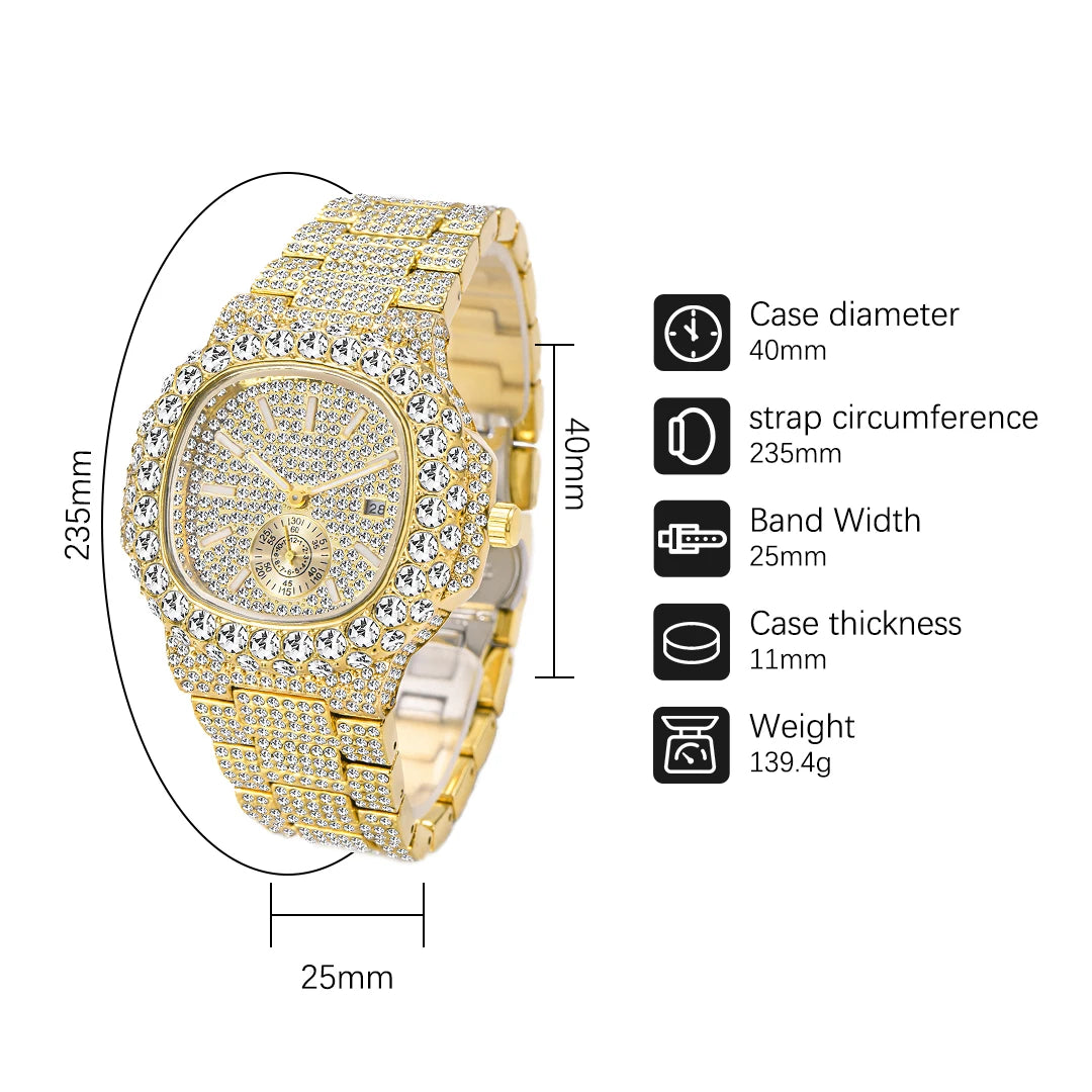 Gold Watch For Men Diamond Iced Quartz Watches Waterproof