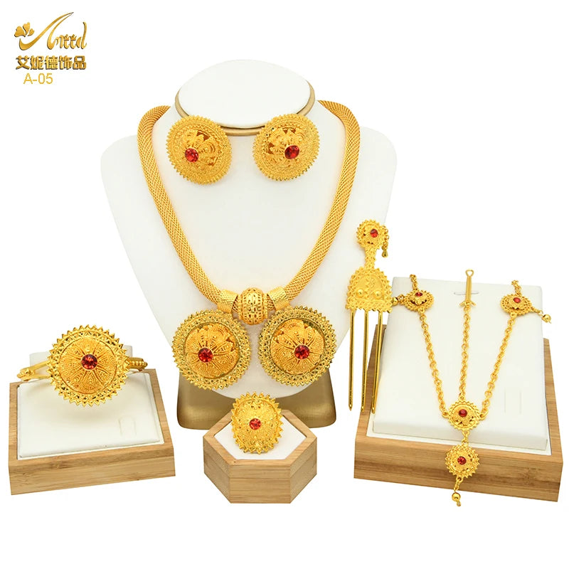 ANIID Ethiopian Gold Plated 6PCS Jewelry Set For Women Indian Red Crystal Luxury Jewellery Sets