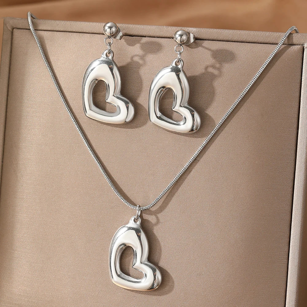 Stainless Steel Jewelry Set Heart Necklaces Earrings Trendy Fine Jewelry Set