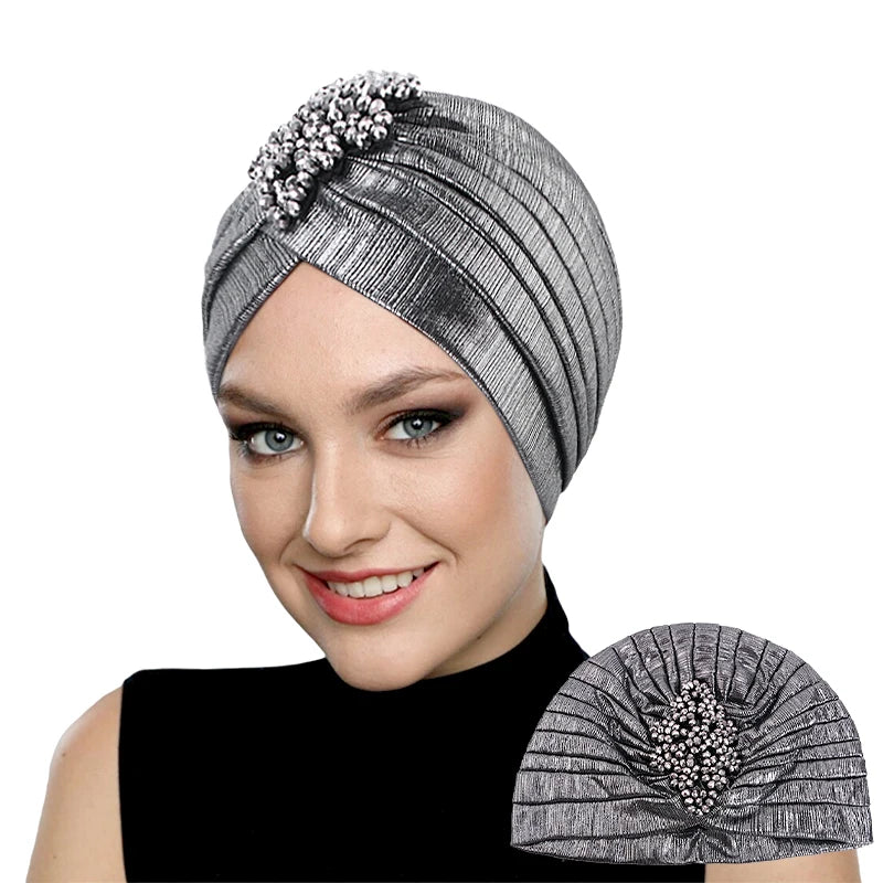 New Women's Luxury Diamond Turban Cap, Elastic Bandana Beanie, Chemo Cap, Muslim, Indian & African Hat Headwear