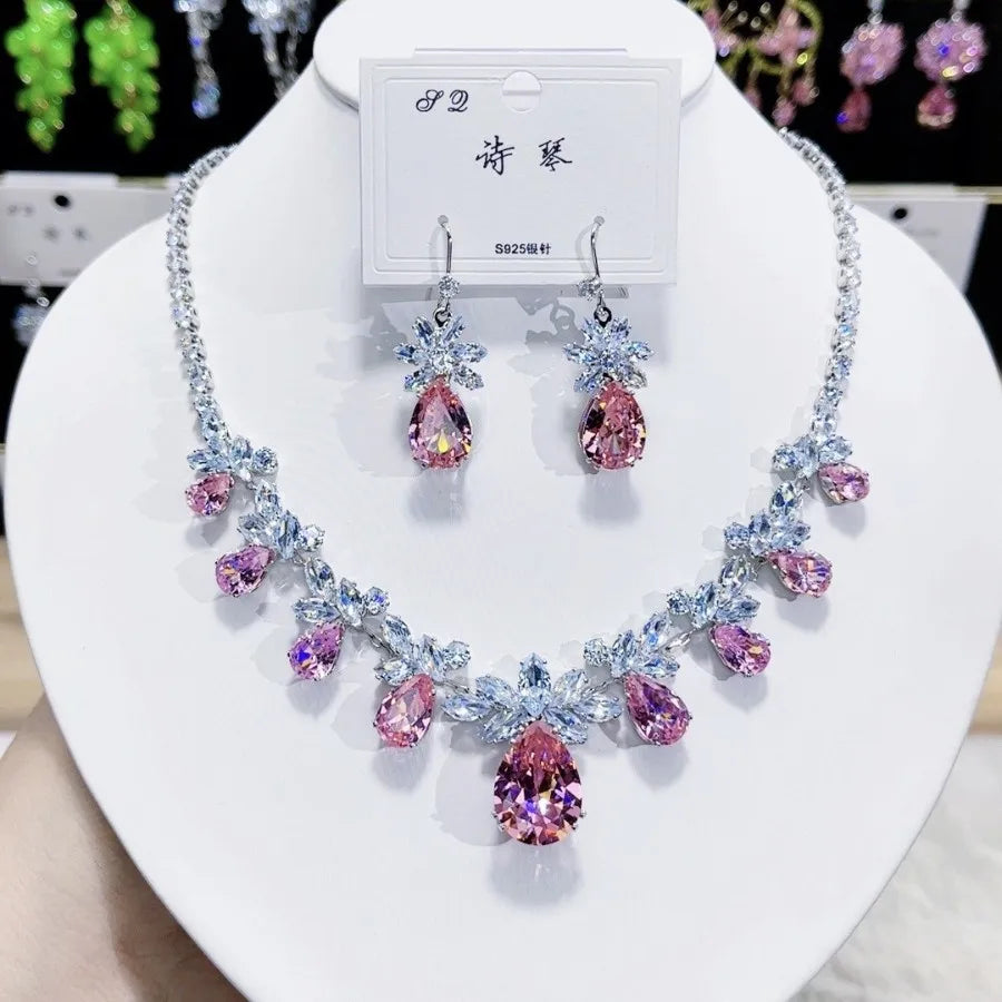 Women Colorful Fashion Zircon Necklace Earrings 2025