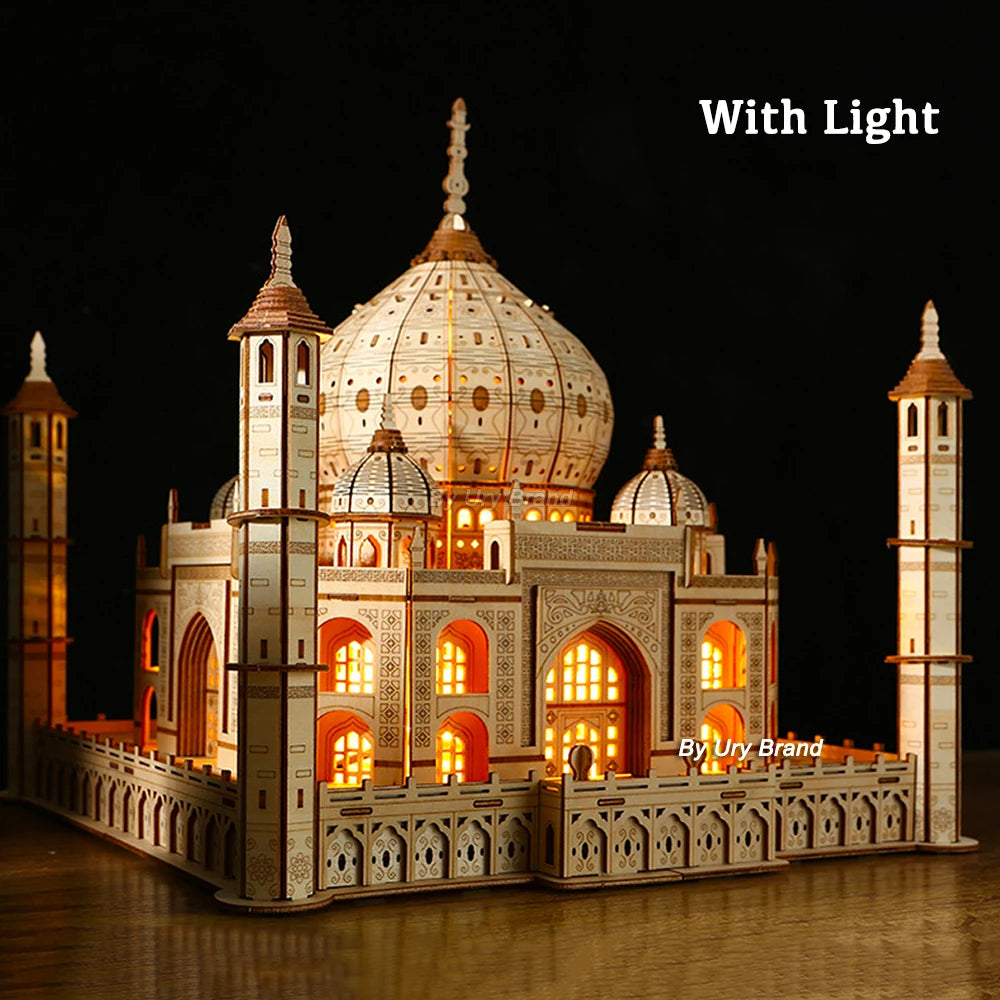 Wooden Puzzle House Royal Castle Taj Mahal With Light Assembly Toy For Kids Adult Model Kits Desk Decoration for Gifts